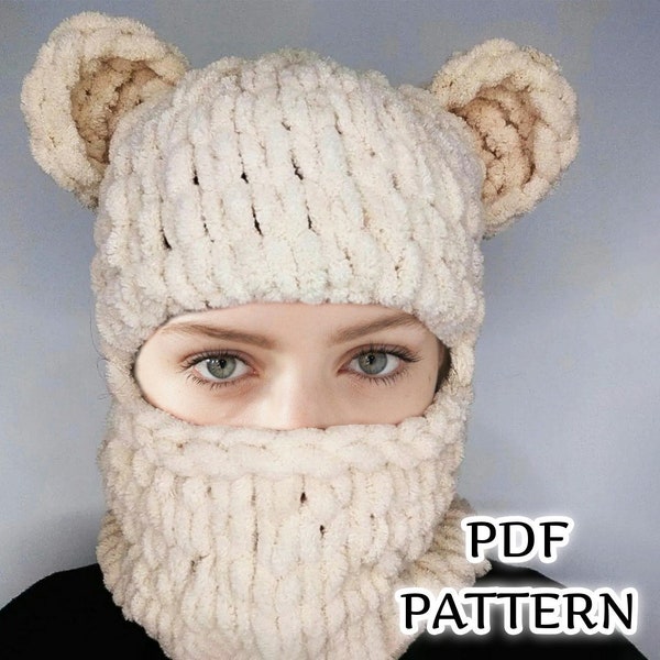 Hand knitted balaclava pattern, custom balaclava PDF, bear balaclava, Alize Puffy winter hat, full face mask, balaclava do it yourself