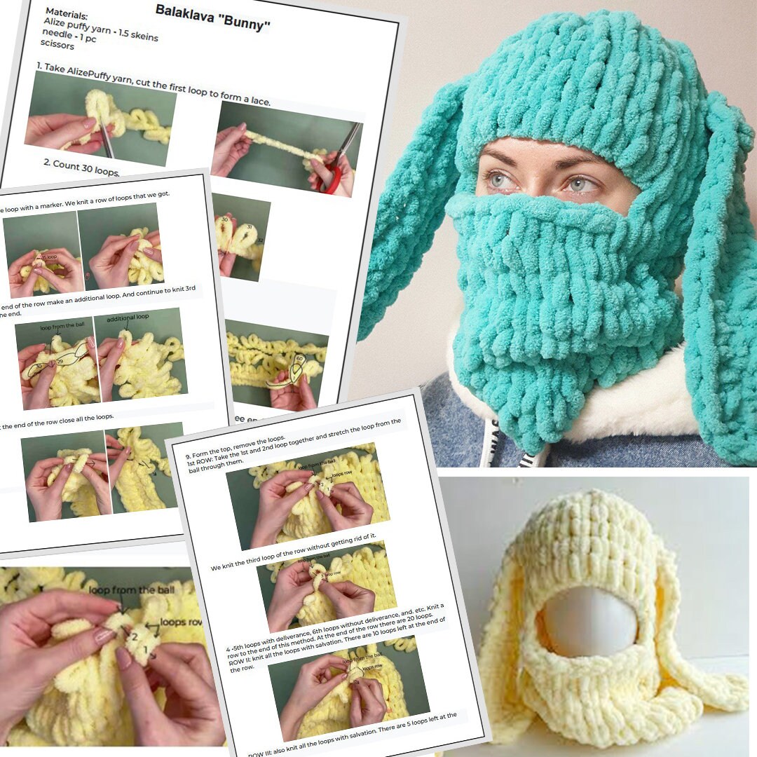 Hand Knitted Pattern, Knitted Balaclava PDF, Bunny Balaclava