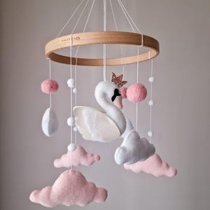 Baby mobile, hanging toys, swan nursery decor, handmade gift, pink room decor, newborn gift, custom newbaby present, swan baby shower gift