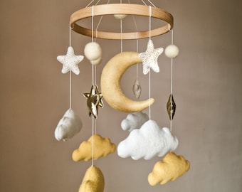 Baby mobile, cloud nursery decor, moon hanging mobile, neutral crib mobile, mom to be gift, gold stars mobile, over the moon baby shower