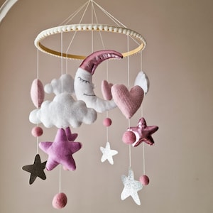 Baby mobile, cloud nursery mobile, baby room decor, handmade soft mobile, pink baby crib mobile, custom newborn decor, baby sleep mobile