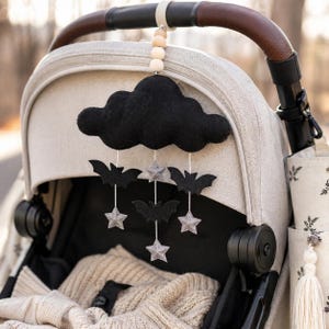 Gothic Baby Stroller Mobile, Black Cloud, Felt Bats & Stars