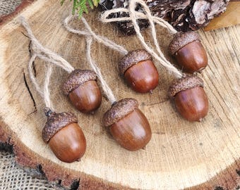 Rustic acorn ornaments, set of 6 natural Christmas tree decorations
