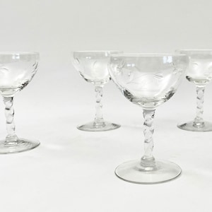 Vintage Etched Champagne Coupes |  Set of 5 | Vintage Cocktail Glassware | Mid Century Barware