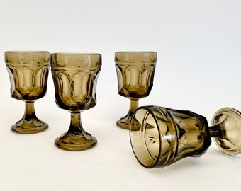 Vintage Fairfield Brown by Anchor Hocking Wine Goblet | Set of 4 | Vintage Pressed Glass Wine Glasses Cocktails