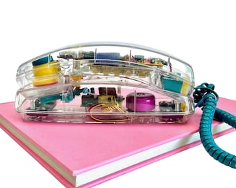 Vintage Clear Transparent Landline Telephone DISPLAY ONLY CONDITION | Conair Model SW205CB Color Brights  | 1980s Postmodern Home Decor