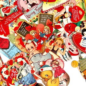 May include: A collection of vintage Valentine's Day cards with various illustrations and text. The cards feature images of children, hearts, and romantic phrases in red, blue, and yellow. Some cards have text like "Be My Valentine" and "I'd like to teach you to be mine."