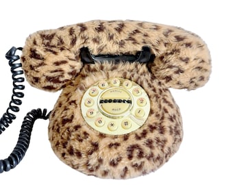 90s Fuzzy Leopard Print Landline Phone | WORKING CONDITION | Vintage Telephone Faux Fur Phone