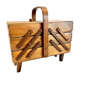 Vintage Mid-Century Accordion-Style Wooden Sewing Box with Legs | Wooden Folding Hinged Notion Box