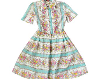 Vintage 1950s Floral Shirt Dress – David Crystal Fashion – Fit and Flare – Button Front – Cottagecore – Size Small