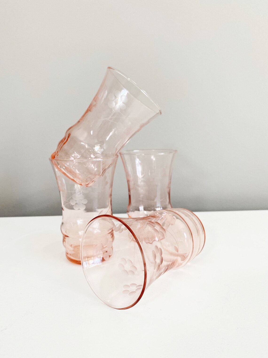 Pink Depression Glass Juice Glasses Pink Etched Glass Etsy