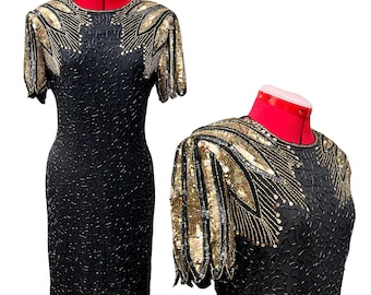 Vintage Stenay Sequin Dress - Size 14 - 1980s Black & Gold Cocktail Dress - Art Deco Glam Party Dress