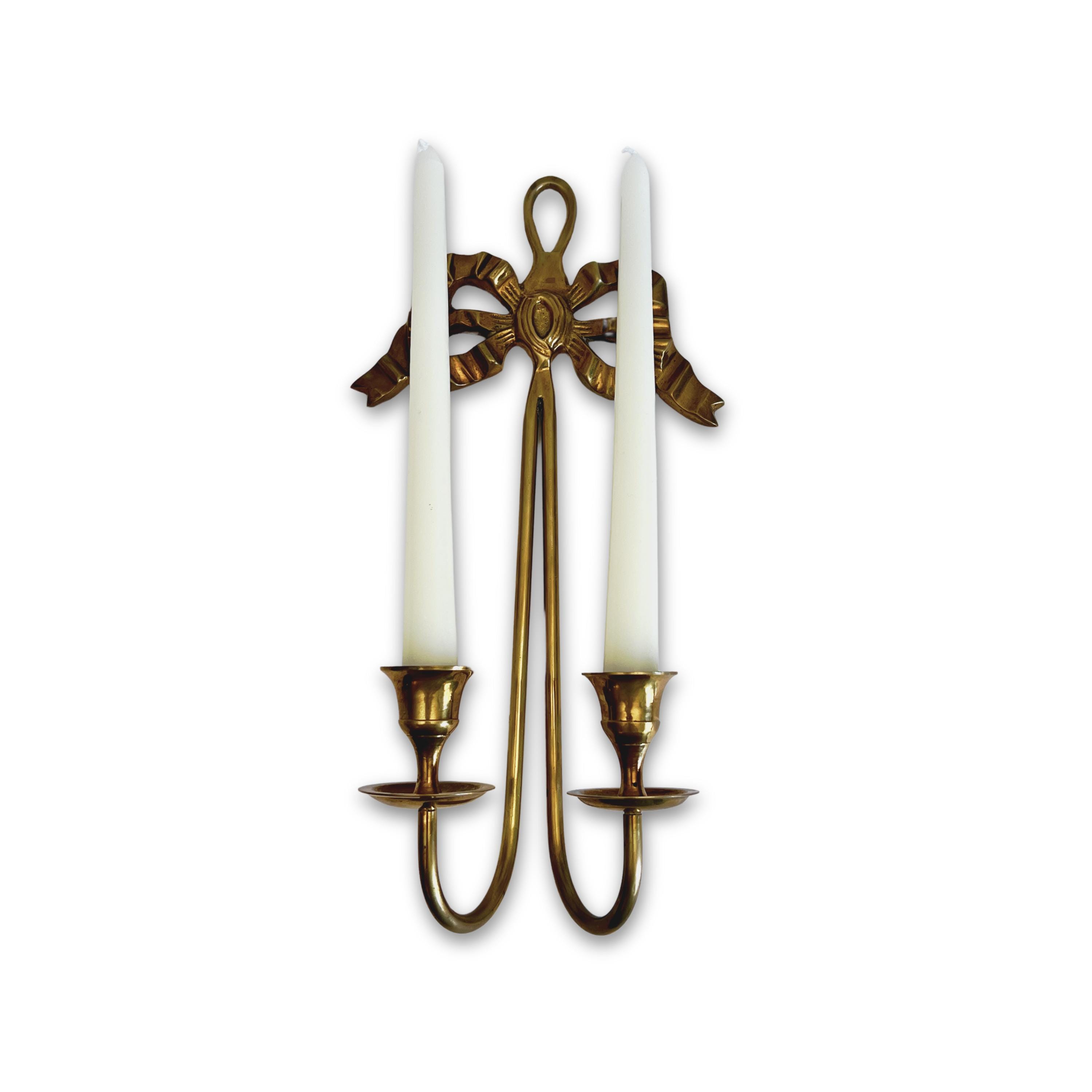 Vintage Brass Wall Candle Holder with Bow Detail – Elegant Double Arm Sconce – French Country Cottage Decor