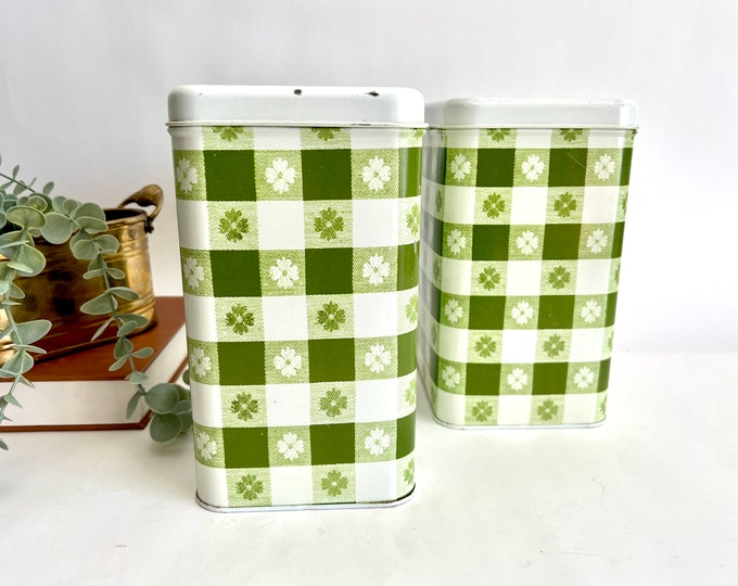 Vintage Tin Canister Set Green Gingham Spring Retro Kitchen Storage Etsy