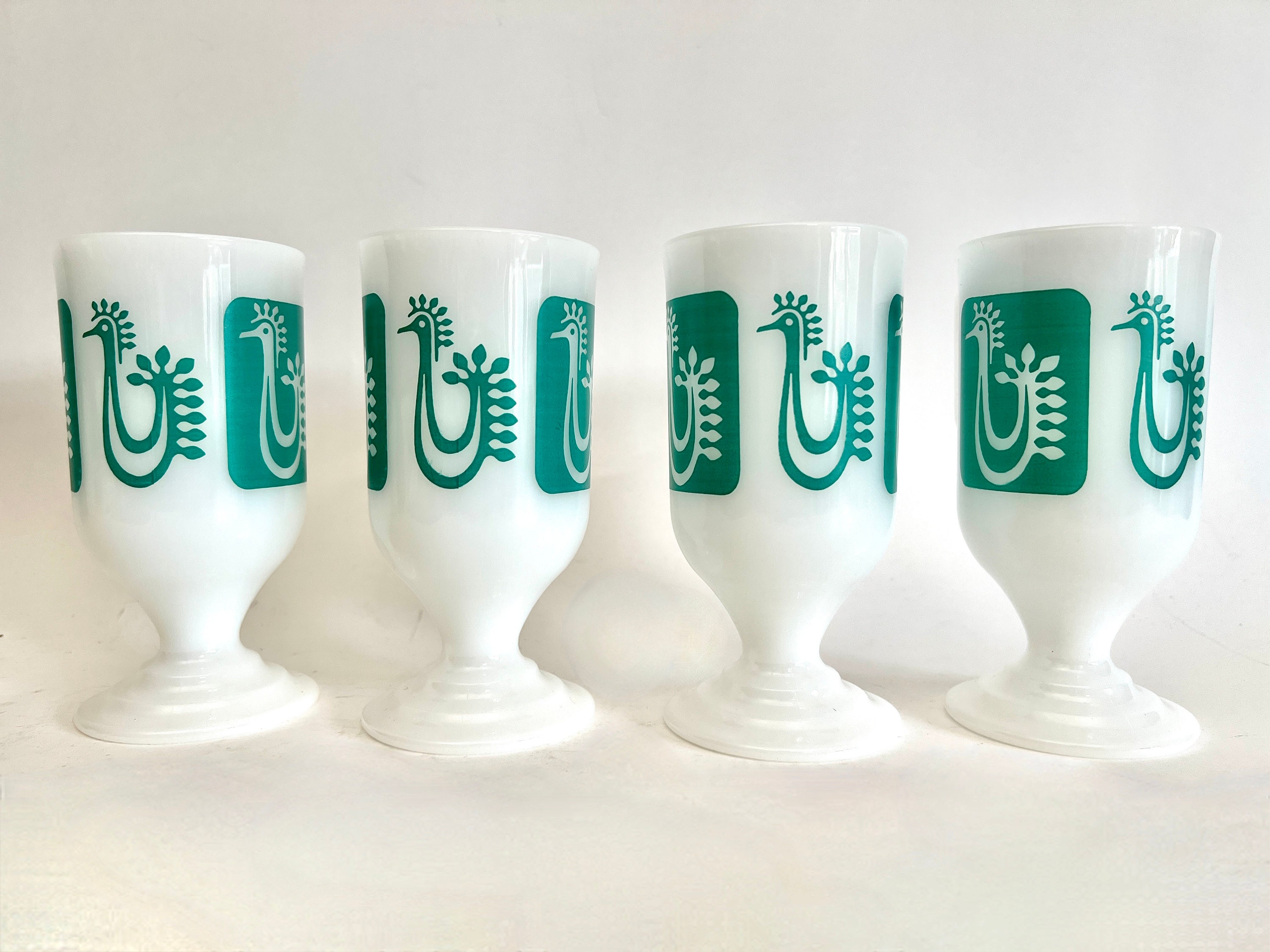 Vintage Milk Glass Aqua Rooster Pedestal Coffee Mugs Vintage Etsy