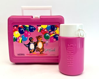 Vintage Lisa Frank Pink Lunch Box and Thermos Dancing Penguin and Bear With  Balloons 80's Retro Thermos 