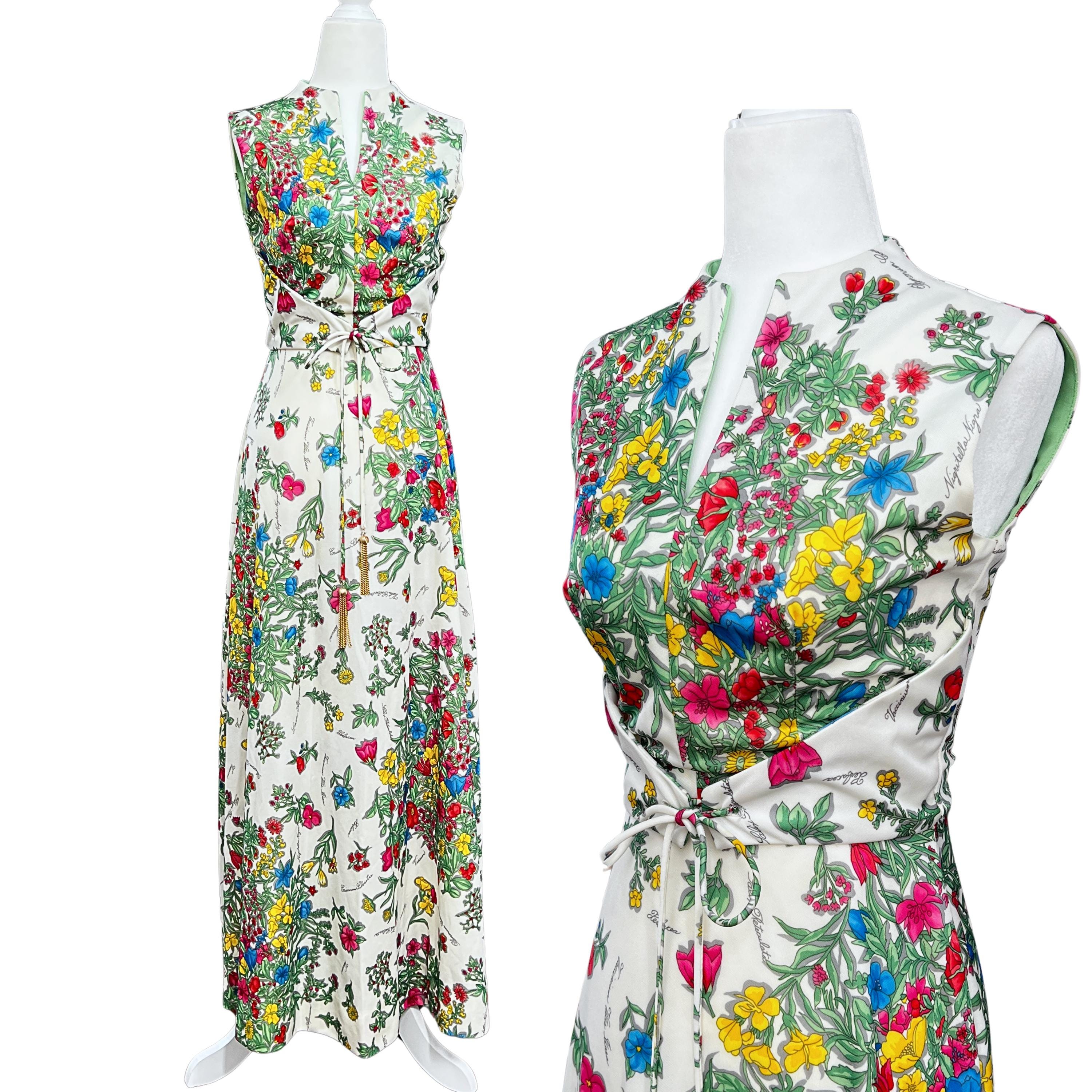 Vintage Leslie Fay Floral Maxi Dress – Size XS – Sleeveless 70s Botanical Print, Garden Party or Easter Dress