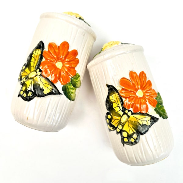 Vintage Ceramic Salt and Pepper Shakers - Retro Butterfly and Flower Design