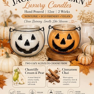 May include: Two 12oz glass jar candles shaped like jack-o'-lanterns with black wire handles. One candle contains white wax, the other orange wax. Text includes 'JACK-O'-LANTERN Luxury Candles', 'Chantilly Cream & Pear', and 'Cinnamon Chai'.