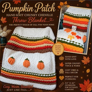 May include: A hand-knit chunky chenille throw blanket featuring a white base with horizontal stripes in green, orange, and brown. The blanket includes three small orange pumpkin appliques and measures 53 inches by 42 inches. Text includes Pumpkin Patch.