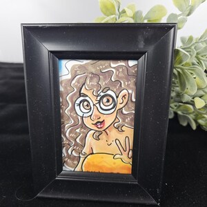 Cute Curlyhaired Girl Marker Drawing Mini Artwork Framed Illustration Character ACEO Original OOAK