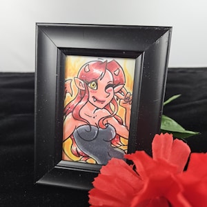 Mała dziewczynka diabełek marker rysunek miniaturowa grafika oprawiona ilustracja postać ACEO Oryginalna OOAK