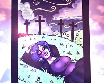Four of Swords Tarot Card Original Design Art Illustration Pinup Girl Cemetery Night Sky Peaceful Relax Digital Print