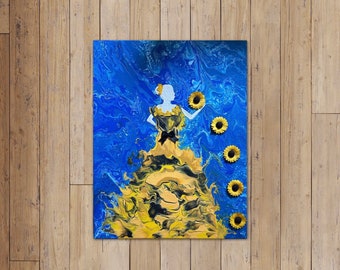 Yellow, Black, & Blue Sunflower Princess Canvas Painting/Wall Art 11x14