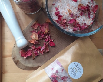 Rose Petal Bath Salts 250g ~ Homegrown Dried Rose Petals ~ Epsom & Himalayan Salt ~ Rose Essential Oil ~ Cleansing ~ Relaxing ~ Footbath