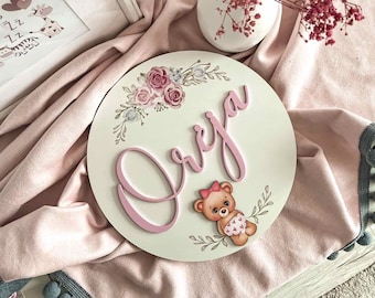 Baby Announcement,Wooden name Sign,Bear Sign, Birth Announcement Sign, Newborn Photo Prop, Baby Name Announcement, Baby Sign,Cute bear girl