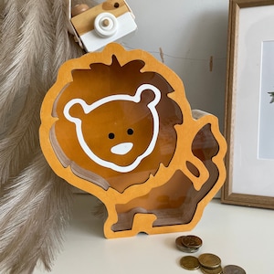 Lion piggy bank with name,Personalised wooden money boxes for boys,Personalized gift,Safari party favors, Birthday Gifts clear window