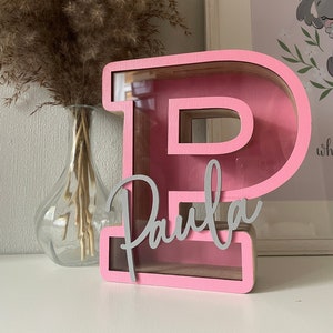 Hucha de madera con nombre, Huchas personalizadas para niños y niñas, Regalo personalizado, Decoración con letras, Regalos de cumpleaños con ventana transparente, Única