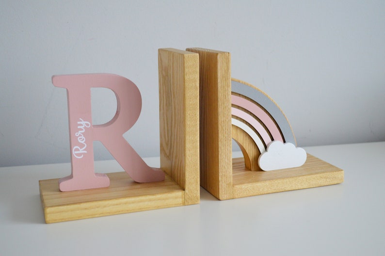 Personalized Baby book ends Pastel Pink Rainbow, Bookend for Kids Room,Baby girl Nursery Decor,Bedroom Book stands,First initial name letter zdjęcie 3