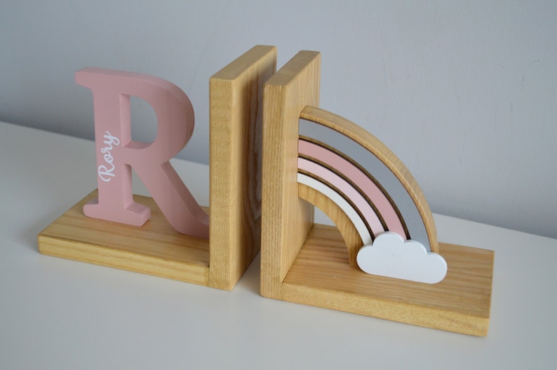 Personalized Baby book ends Pastel Pink Rainbow, Bookend for Kids Room,Baby girl Nursery Decor,Bedroom Book stands,First initial name letter zdjęcie 4