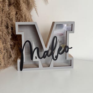 Alcancía de madera moderna con letras y nombre, huchas personalizadas, regalos para niños y niñas, decoración, regalos de cumpleaños, ventana transparente, única