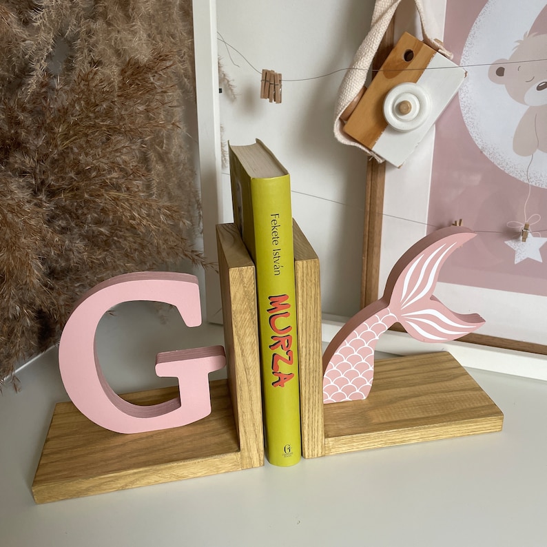 Mermaid Personalized Baby Book Ends Pastel Pink, Bookend for Kids Room