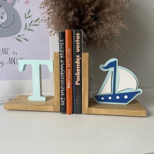 Sujetalibros de barco para habitación de niños, accesorios de decoración personalizados para guardería de bebés varones, sujetalibros para dormitorio, regalos con iniciales y letras de nombre