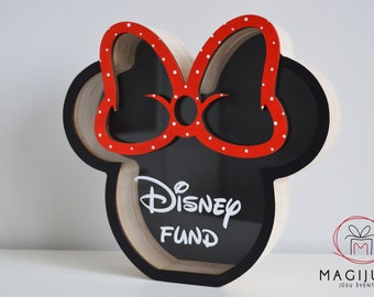 Salvadanaio personalizzato Minnie Mouse, salvadanaio per ragazze per bambini con nome, arredamento per camera da letto/asilo nido, barattolo di monete Disneyland, fondo Disney personalizzato