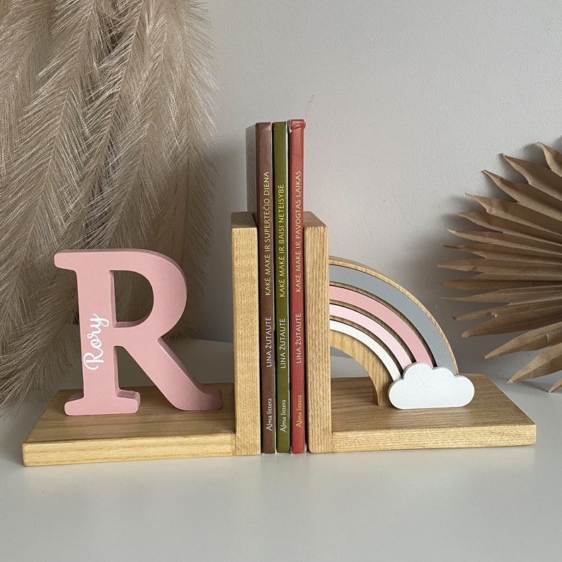 Personalized Baby book ends Pastel Pink Rainbow, Bookend for Kids Room,Baby girl Nursery Decor,Bedroom Book stands,First initial name letter zdjęcie 1