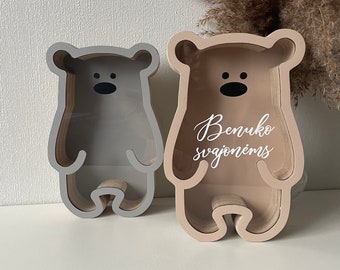 Mignon ours en peluche tirelire en bois avec nom, tirelires personnalisées pour garçons et filles, cadeau personnalisé, cadeaux d'anniversaire fenêtre transparente