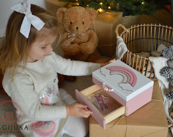 Portagioie arcobaleno per ragazze, regali per il primo compleanno di una bambina, scatola dei ricordi in legno unica per la nuova principessa, per bambini piccoli, rosa pastello carino