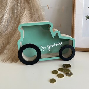 Wooden piggy bank with name,Personalised money boxes for boys,Personalized gift,Tractor party favors, Birthday Gifts clear window, Transport