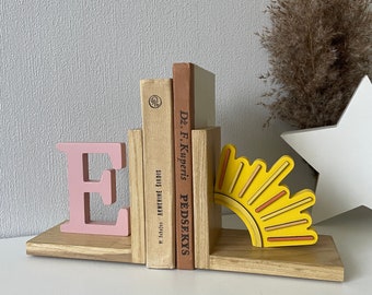 Personalized Baby book ends Sun, Solar Bookend for Kids Room,Baby girl or boy Nursery Decor, Bedroom Book stands, First initial name letter