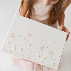 Peut inclure: Une boîte rectangulaire blanche avec un motif floral. Le motif présente des fleurs texturées en relief dans des tons de rose et de blanc, avec des accents dorés. La boîte est tenue par une personne portant une robe rose.