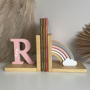 Personalized Baby book ends Pastel Pink Rainbow, Bookend for Kids Room,Baby girl Nursery Decor,Bedroom Book stands,First initial name letter zdjęcie 2