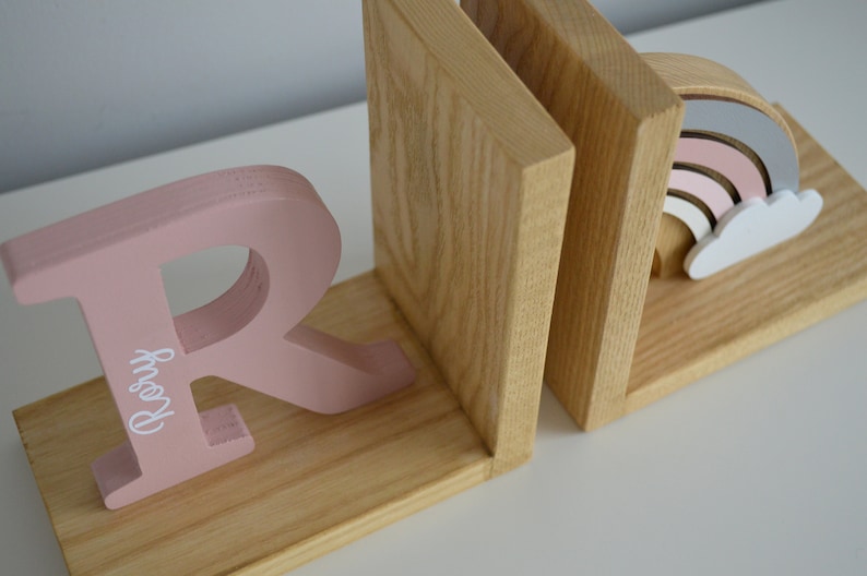 Personalized Baby book ends Pastel Pink Rainbow, Bookend for Kids Room,Baby girl Nursery Decor,Bedroom Book stands,First initial name letter zdjęcie 6