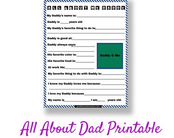 Father's Day Printable, All About Dad, All about Dad Fill in Printable, Gift for Dad from Kids, Printable Fathers Day Gift, PDF