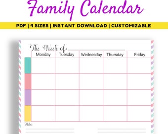 Family Calendar, Family Calendar Printable, Family Weekly Planner, Family Planning Wall Calendar, PDF
