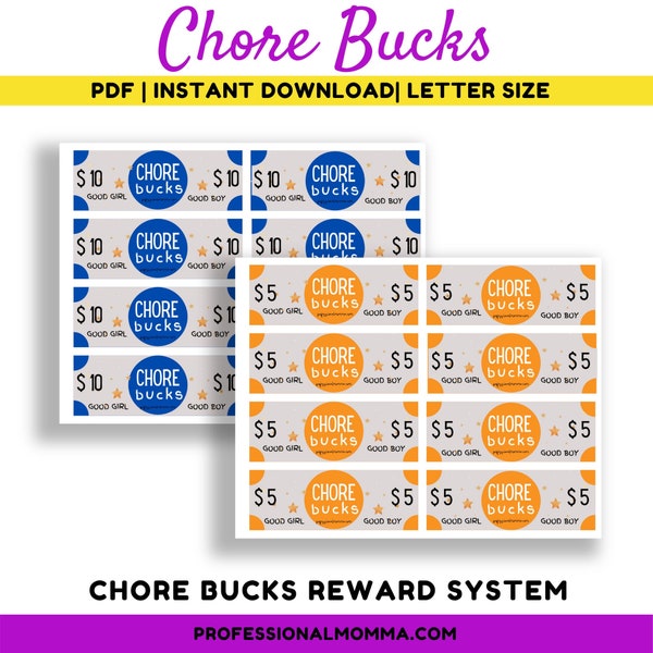 Chore Bucks, Chore Bucks Printable, Kids Chore Bucks, Kid Reward System