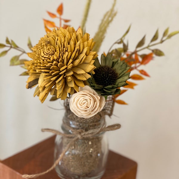 Fall Autumn Italian Mason Jar Wood Floral Arrangement with Organic Wood Flowers